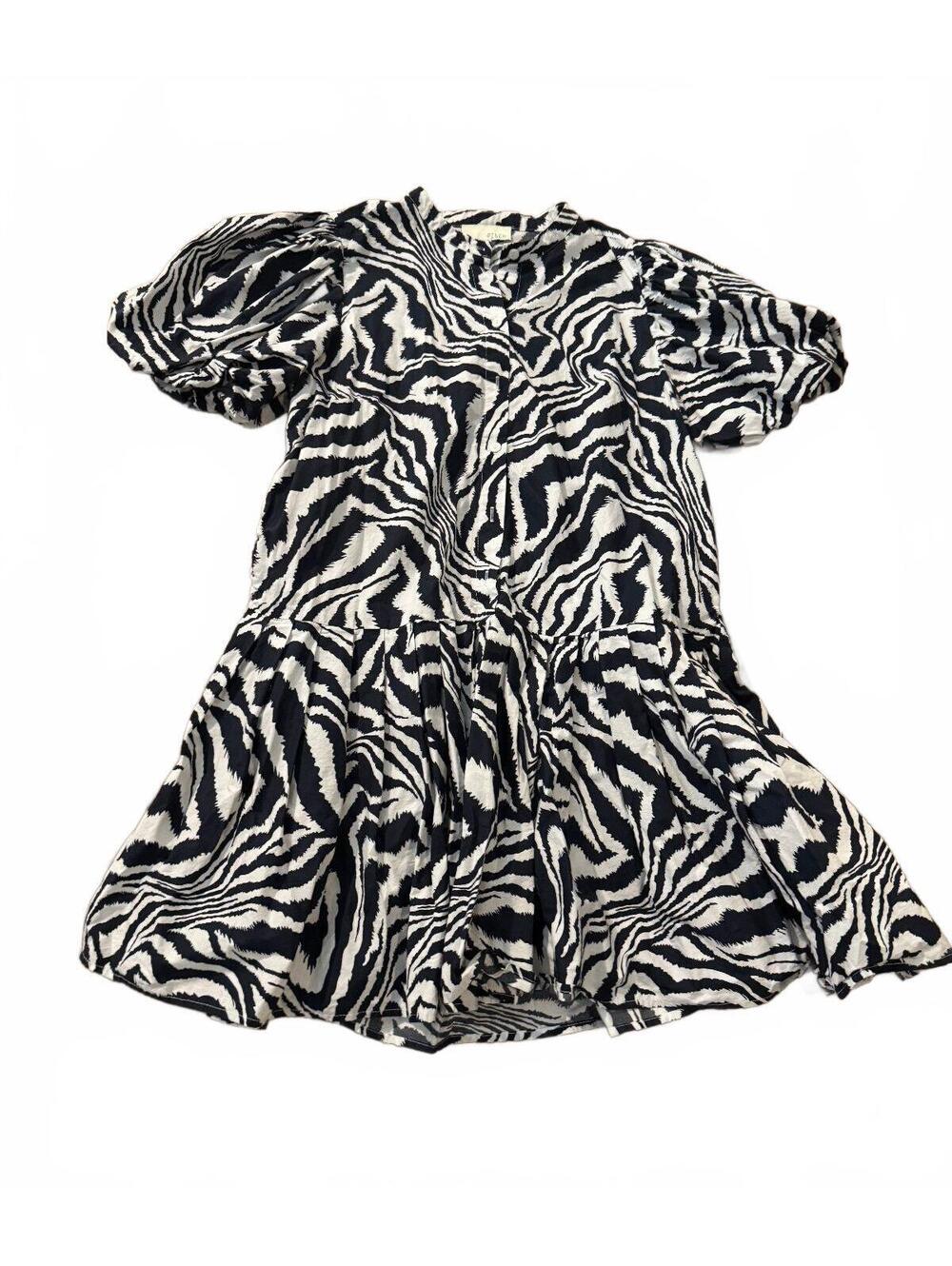 Pinch Dress Women’s Zebra Print Mini Black White Cotton Rayon Tiered Boho Size L
